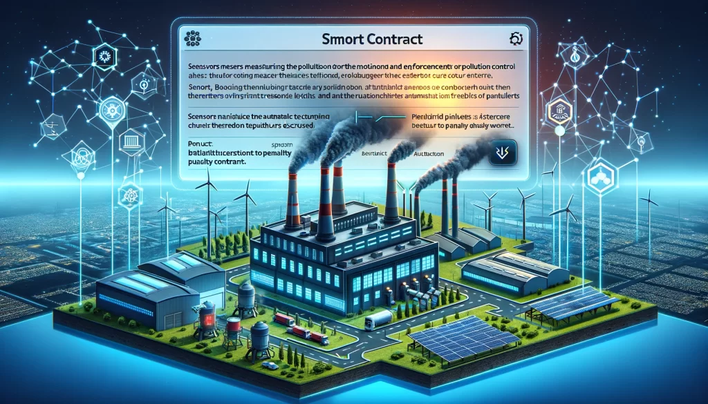 A visual representation of a smart contract automating the monitoring and enforcement of pollution control measures showing sensors measuring pollution