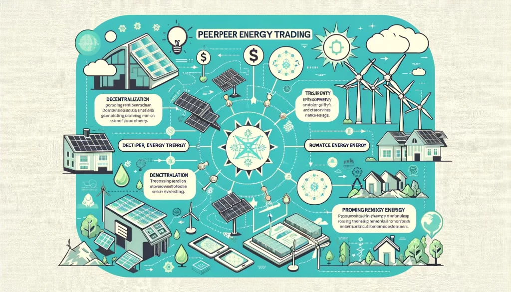 An infographic illustrating the concept of peer to peer energy trading on a blockchain network highlighting the benefits of decentralization